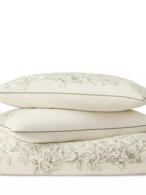 Boll & Branch Signature Etched Peony Piped-Edge Cream/Olivine K/CK Duvet Cover